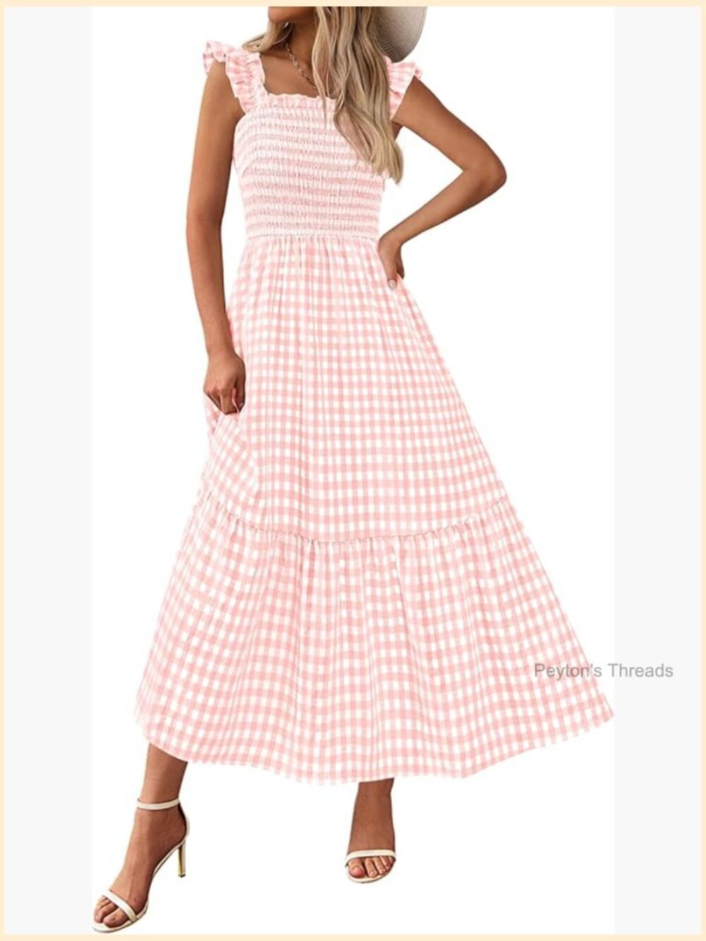 Square Neck Ruffle Strap Smocked Midi Flowy Tiered Dress with Pockets